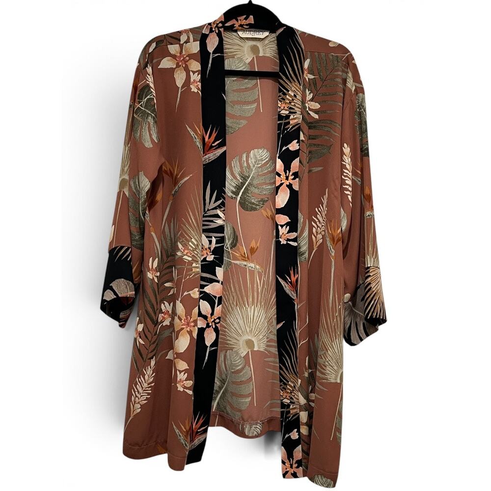 Audrey 3+1 Kimono Open Cardigan‎ Floral Tan Black Casual Contemporary Women's M
